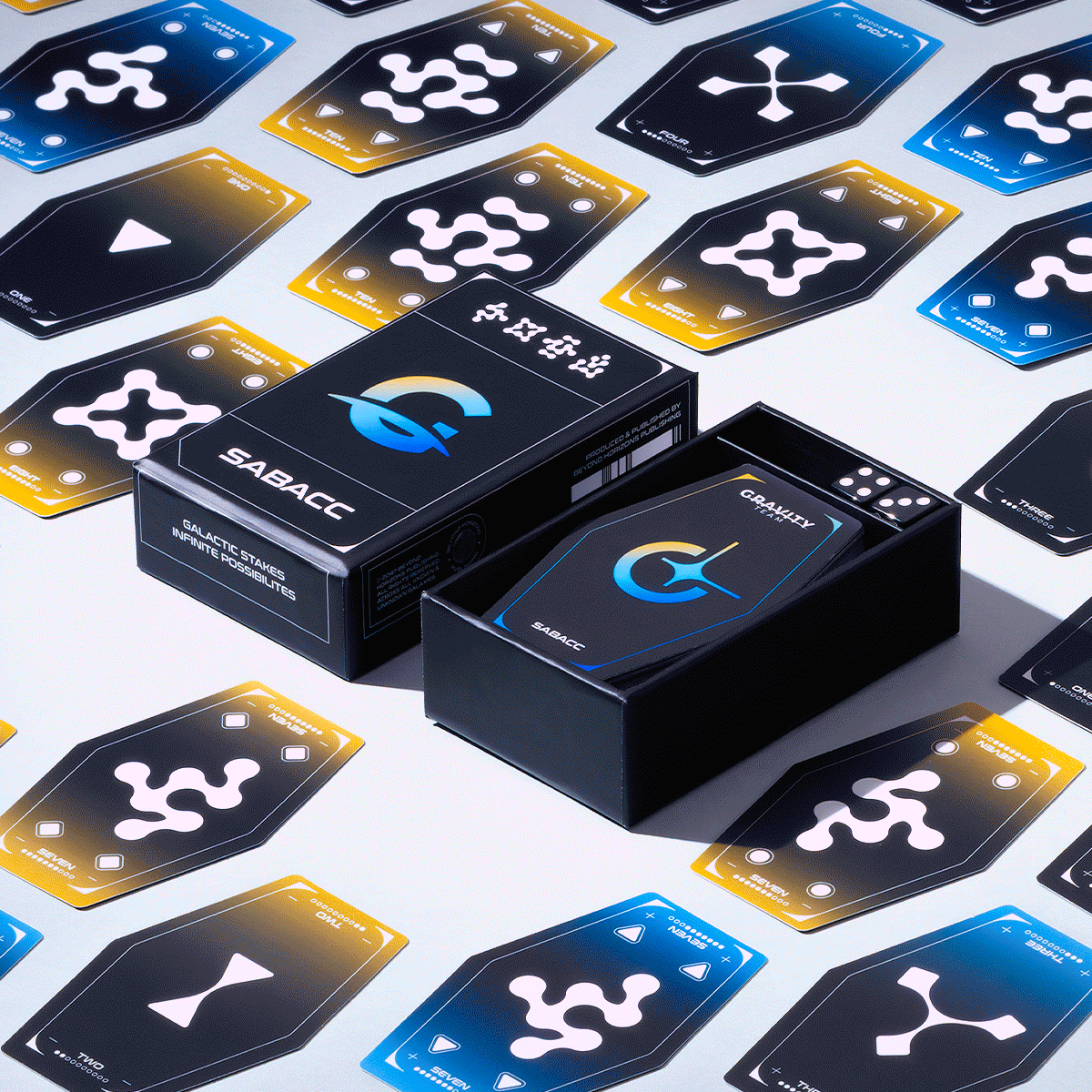 Gravity Team Sabacc card deck boxes and hexagonal patches