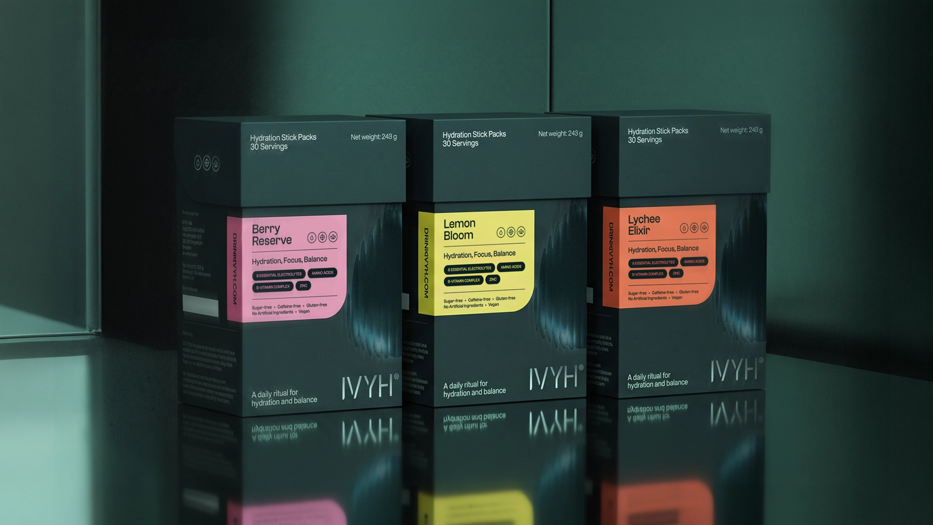 Three IVYH sachet boxes in pink, yellow and orange