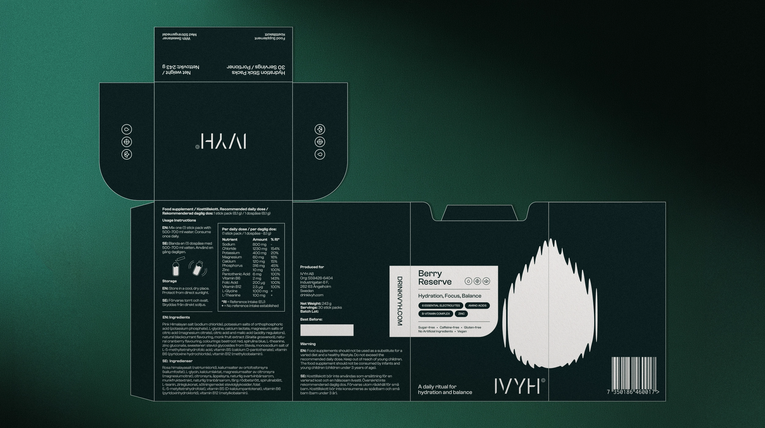 Unfolded IVYH packaging box flat lay with product information
